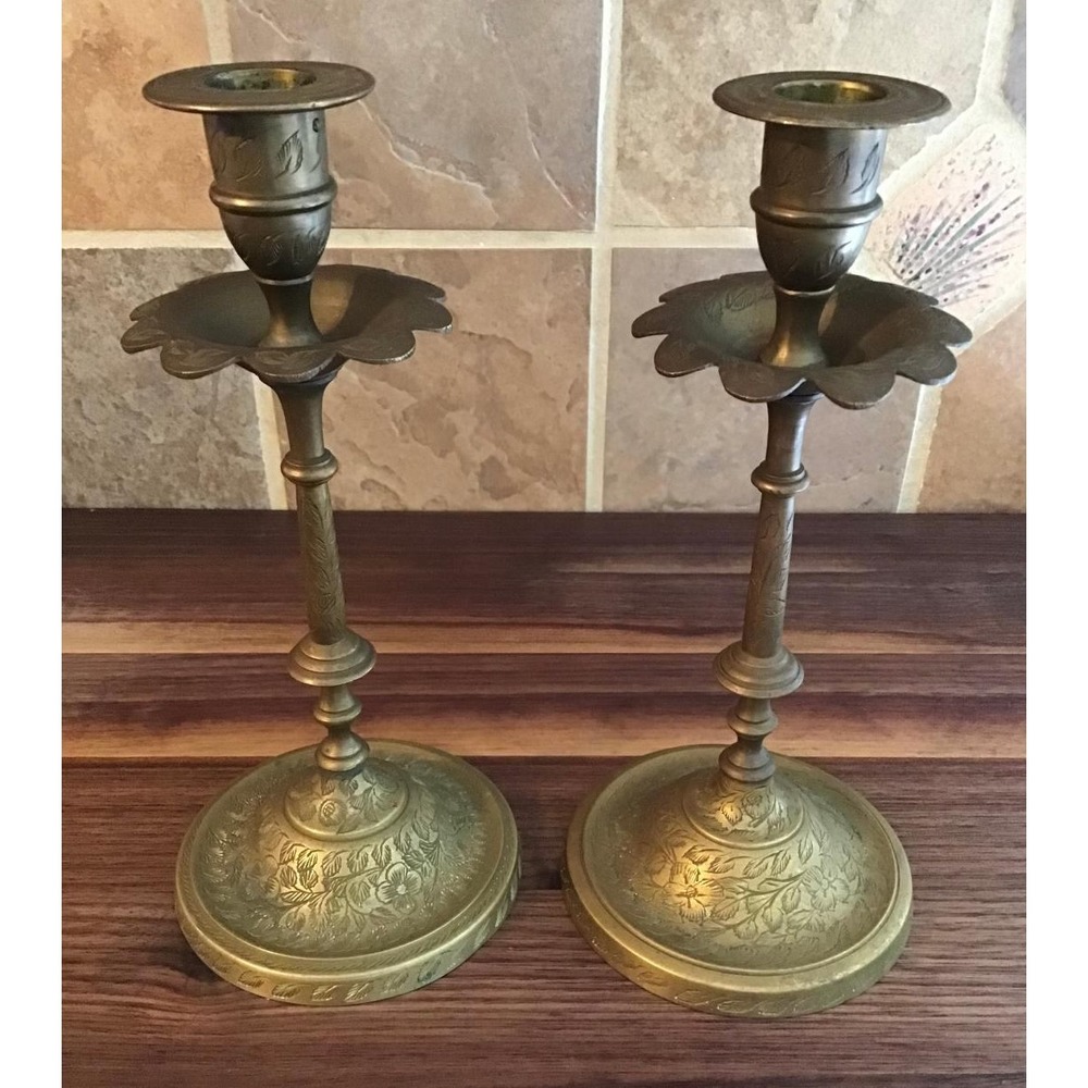 Vintage Etched Brass Candlestick Holders Pair Floral Scalloped 8" Mid Century
